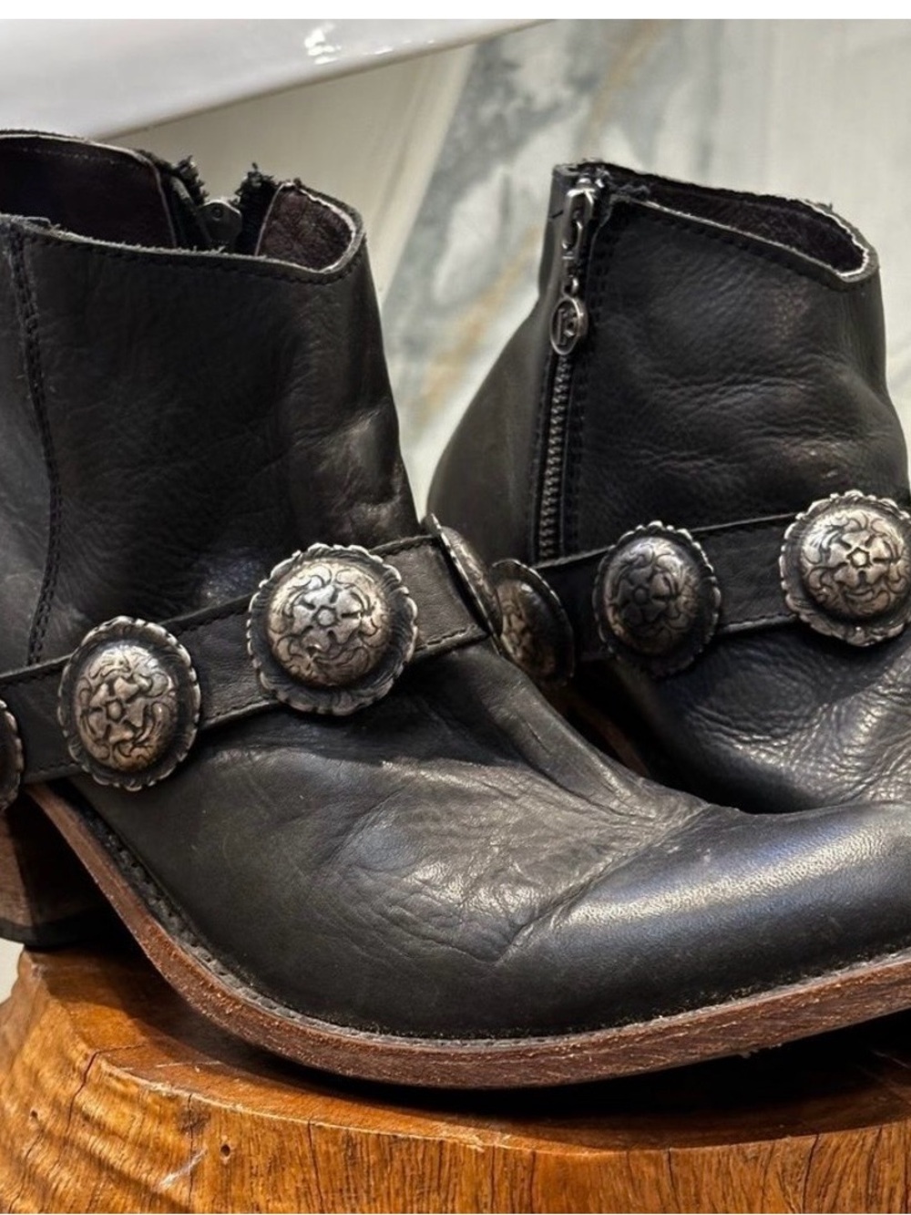 Women's Black Leather Ankle Boot with Decorative Silver Conchos